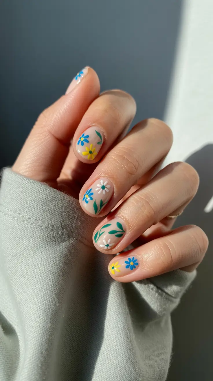cute spring nail art 2026 Playful Pastel Daisy Nails with Green Accents