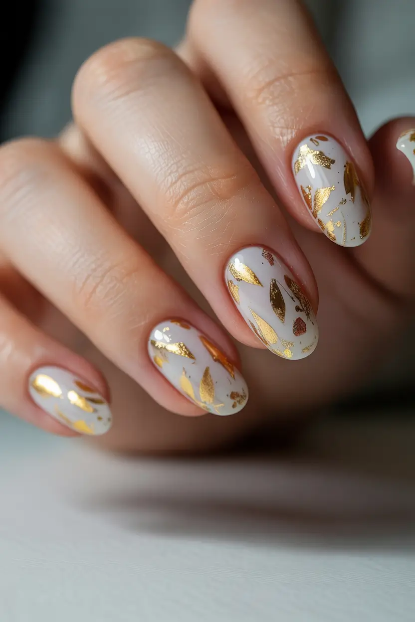 cute spring nail art 2026 Milky White and Gold Leaf Gel Nails for Elegant Spring Evenings