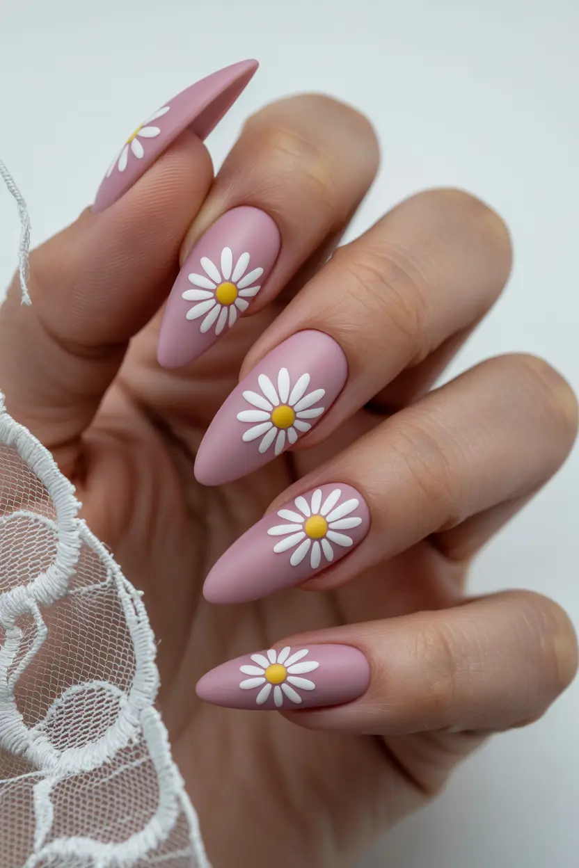 cute spring nail art 2026 Matte Pink Daisies for a Soft Pastel Spring