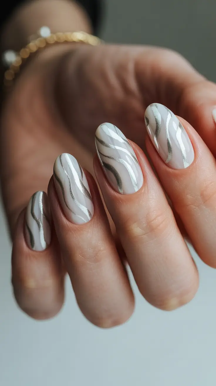 cute spring nail art 2026 Modern Silver Wave Minimal Nails