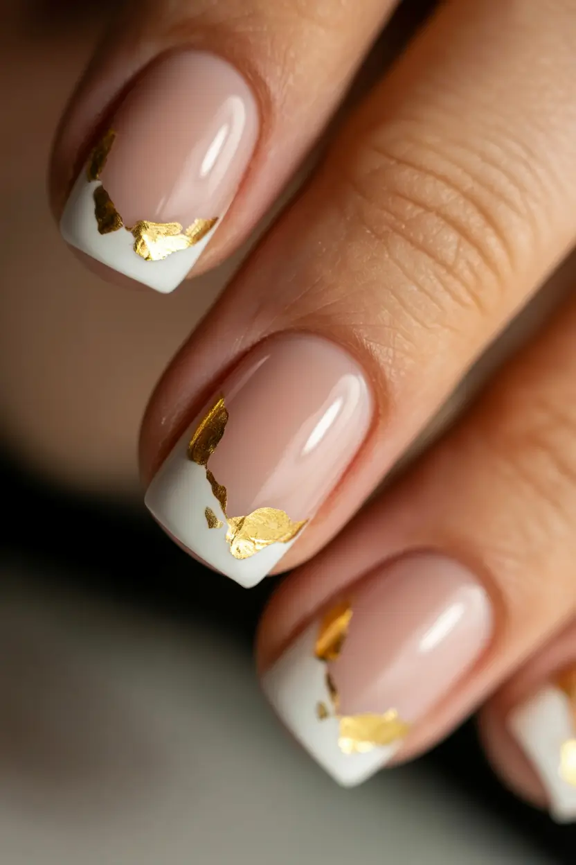 cute spring nail art 2026 Soft Nude French with Gold Foil Accent