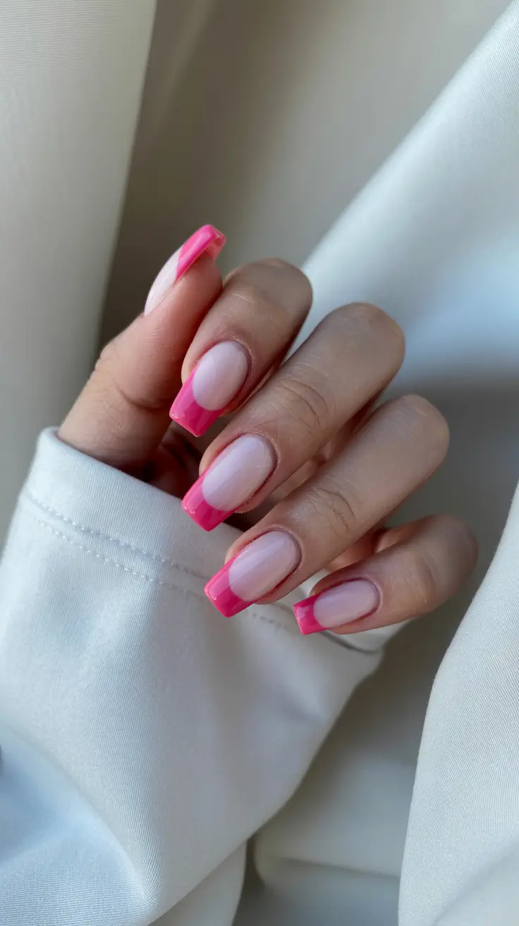 cute spring nail art 2026 Hot Pink French Tips with a Modern Square Edge