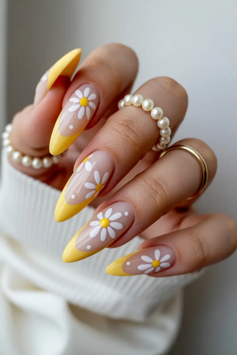cute spring nail art 2026 Yellow French with Daisy Details