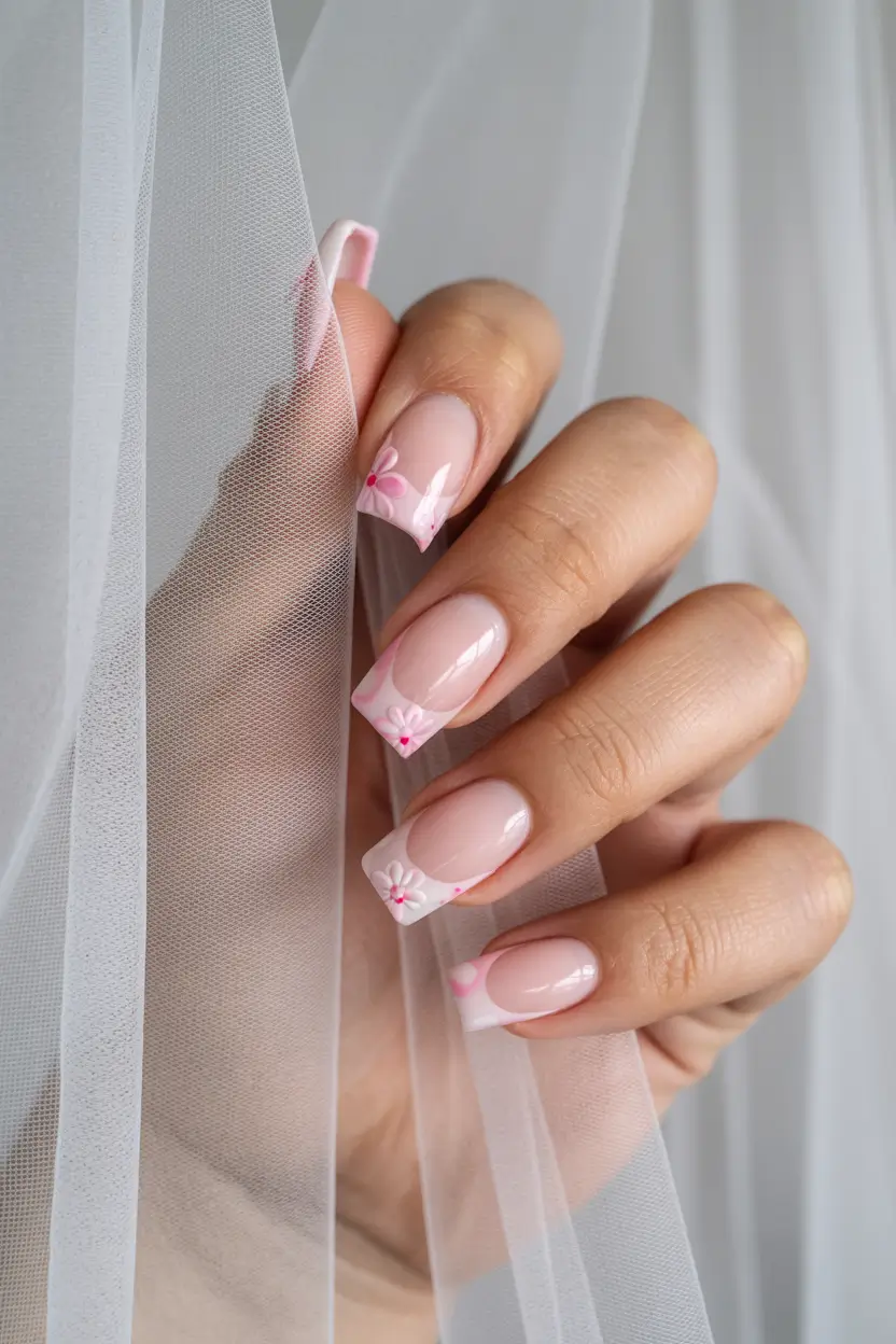 cute spring nail art 2026 Blush French with Tiny Pink Floral Accents