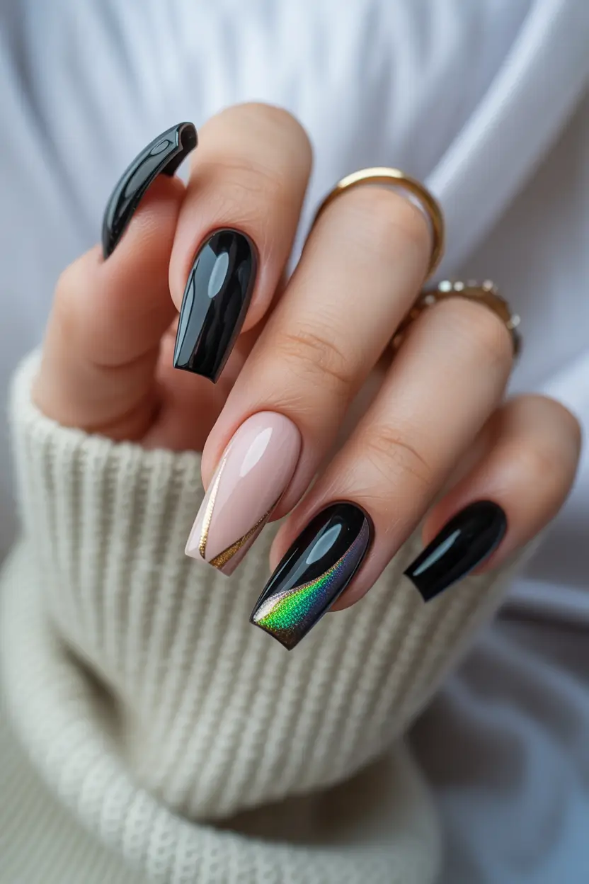 cute spring nail art 2026 Black Gloss with Gold and Holographic Accent