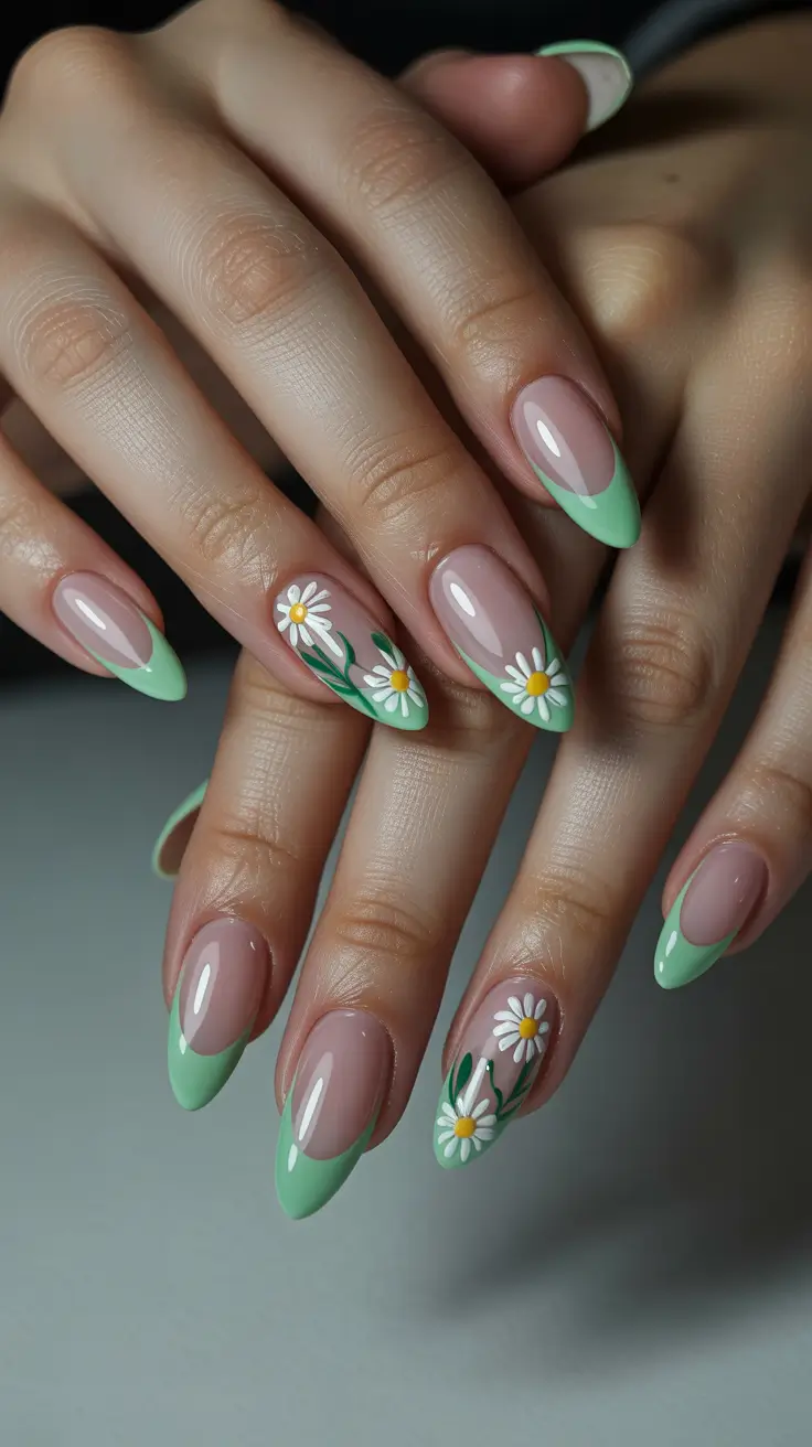 cute spring nail design 2026 Soft Green French with Daisy Accents