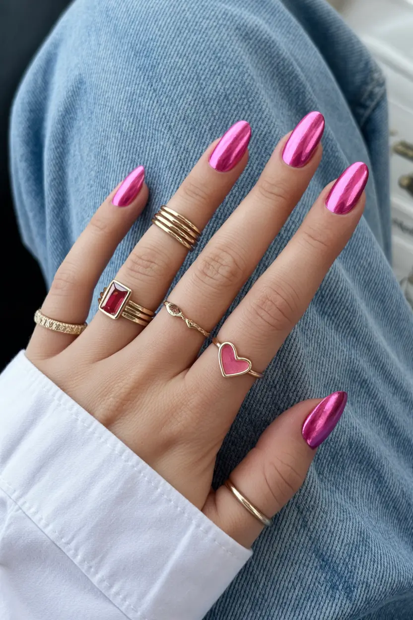 cute spring nail design 2026 Metallic Pink Chrome Nails