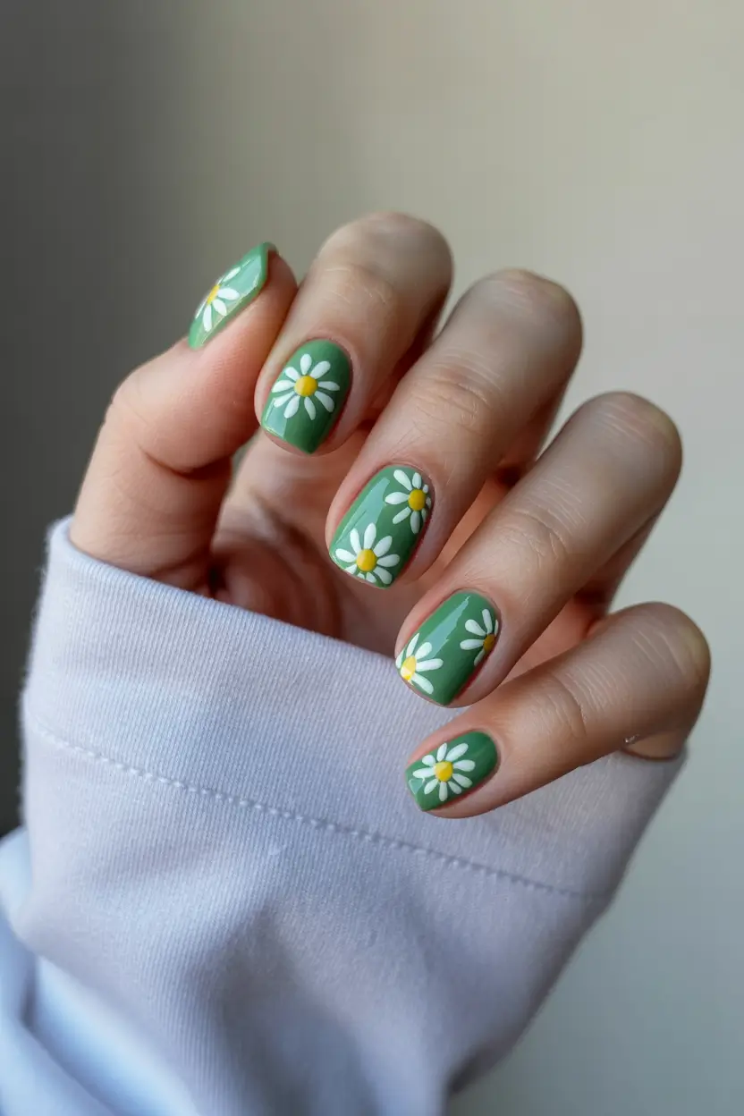 cute spring nail design 2026 Short Green Daisy Nails