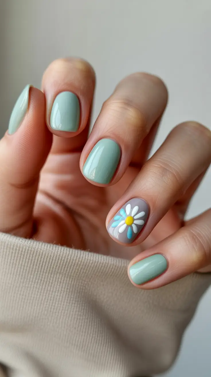 cute spring nail design 2026 Muted Sage Nails with Accent Daisy