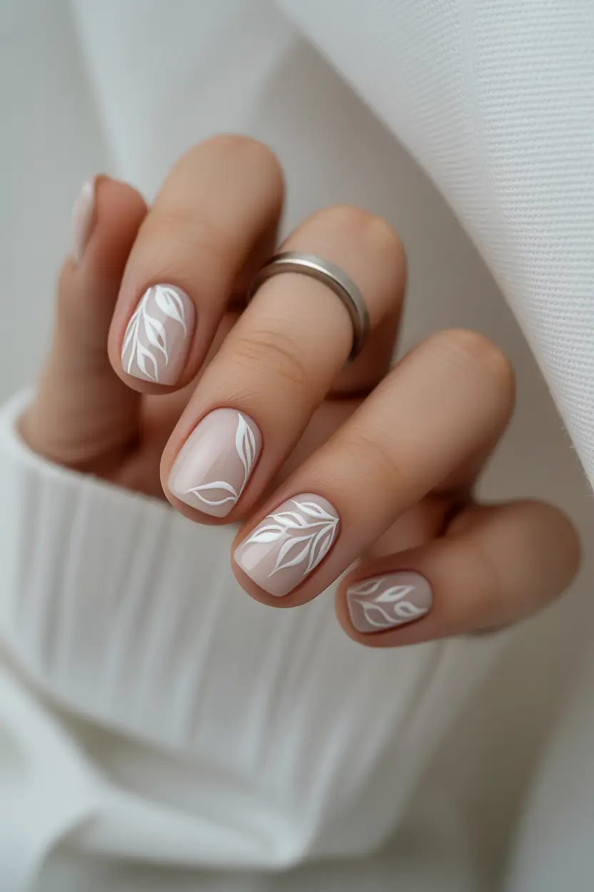 cute spring nail design 2026 Minimal White Botanical Line Art