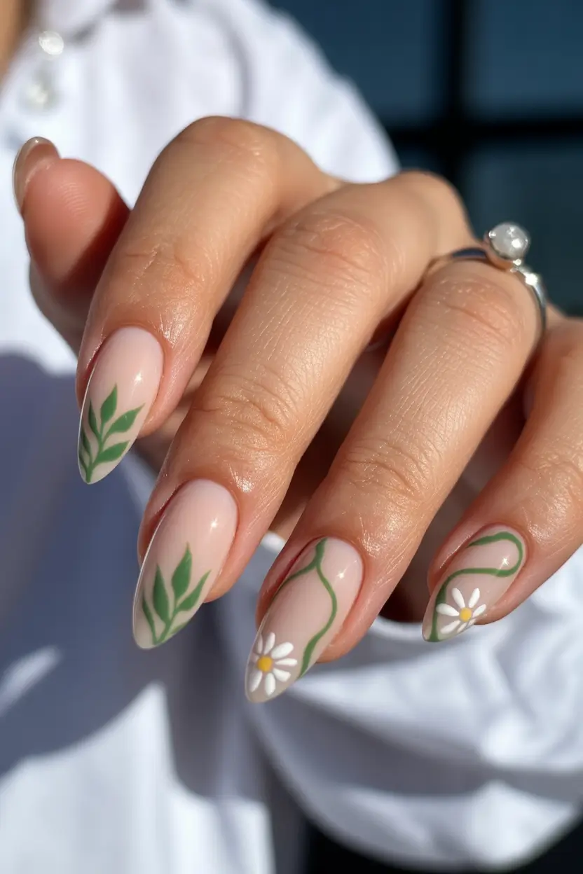 cute spring nail design 2026 Almond Nude Nails with Green Leaves