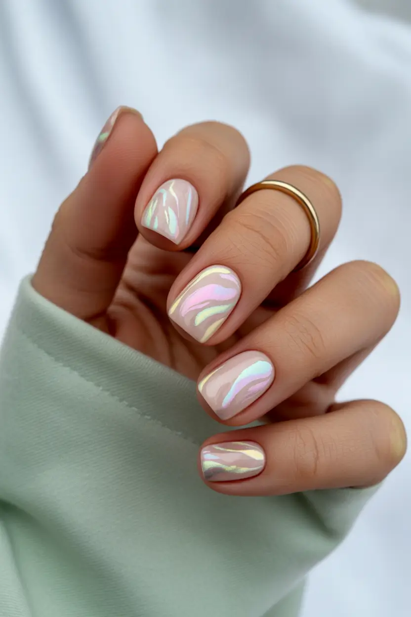 cute spring nail design 2026 Soft Pink Chrome Almond Nails with Pearl Glow