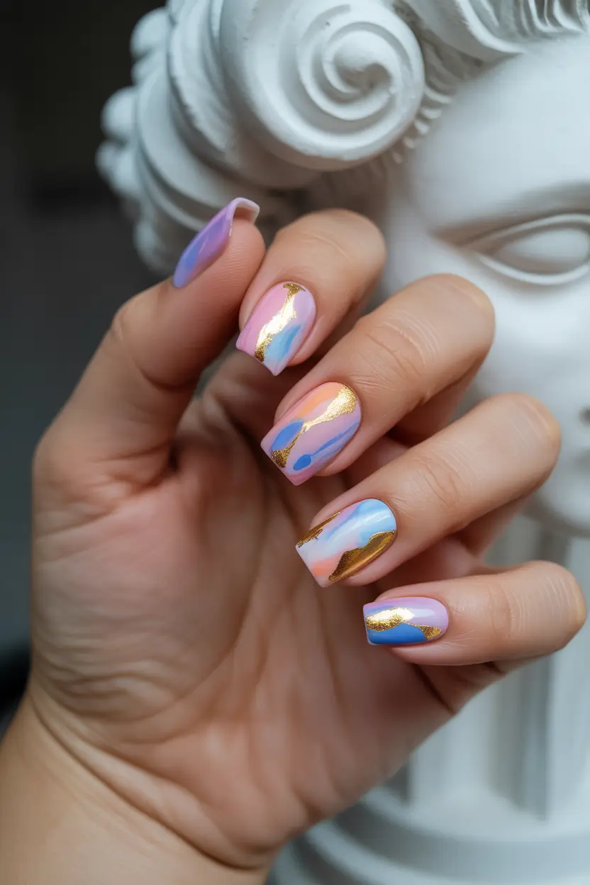cute spring nail design 2026 Pastel Marble Nails with Gold Foil Accents