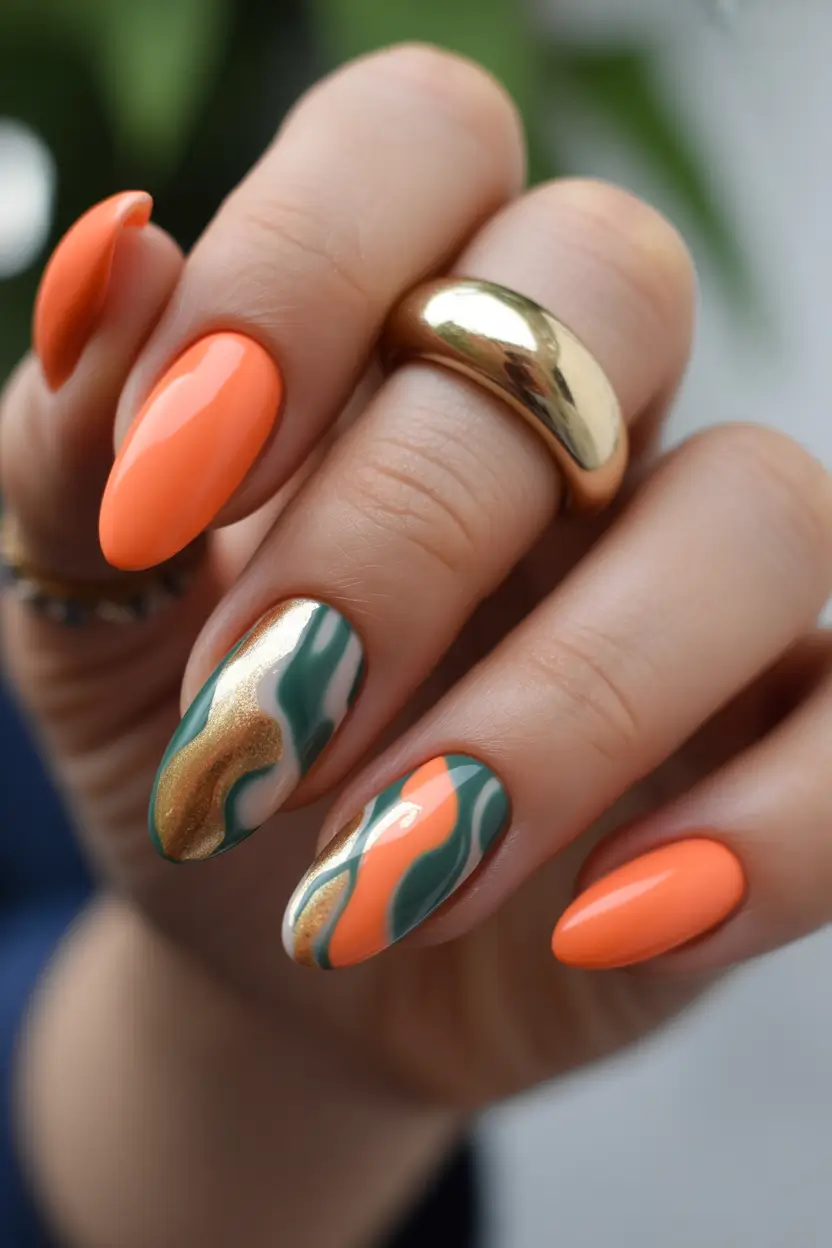 cute spring nail design 2026 Bright Orange and Green Swirl Almond Nails
