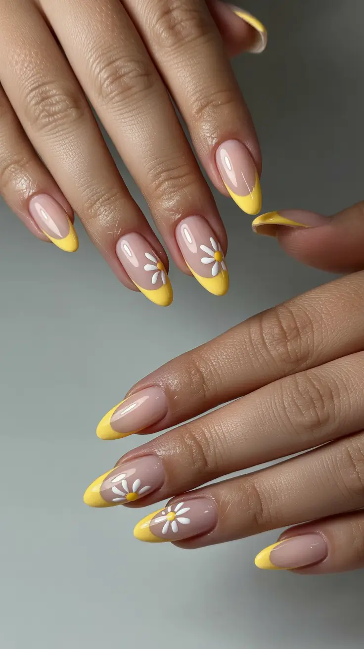 cute spring nail design 2026 Sunny Yellow Tips with Minimal Flowers