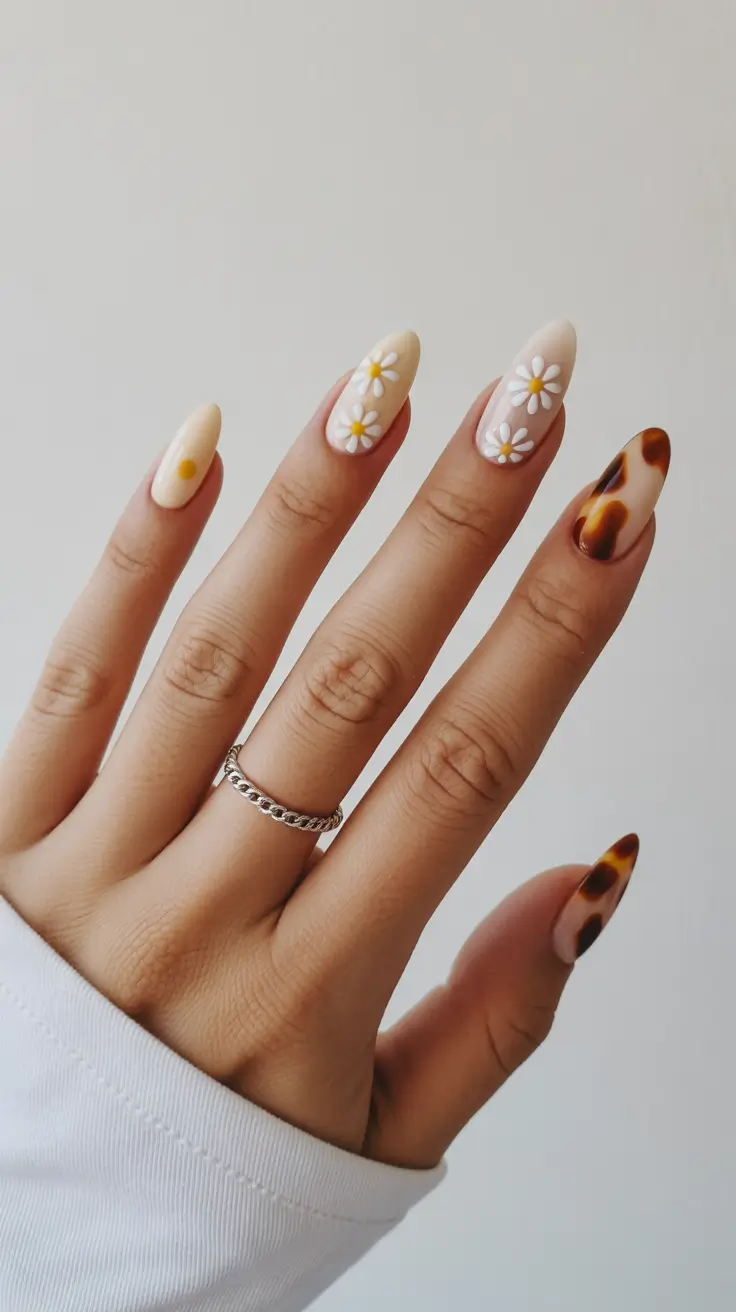 cute spring nail design 2026 Daisy Floral Nails with Soft Nude Base