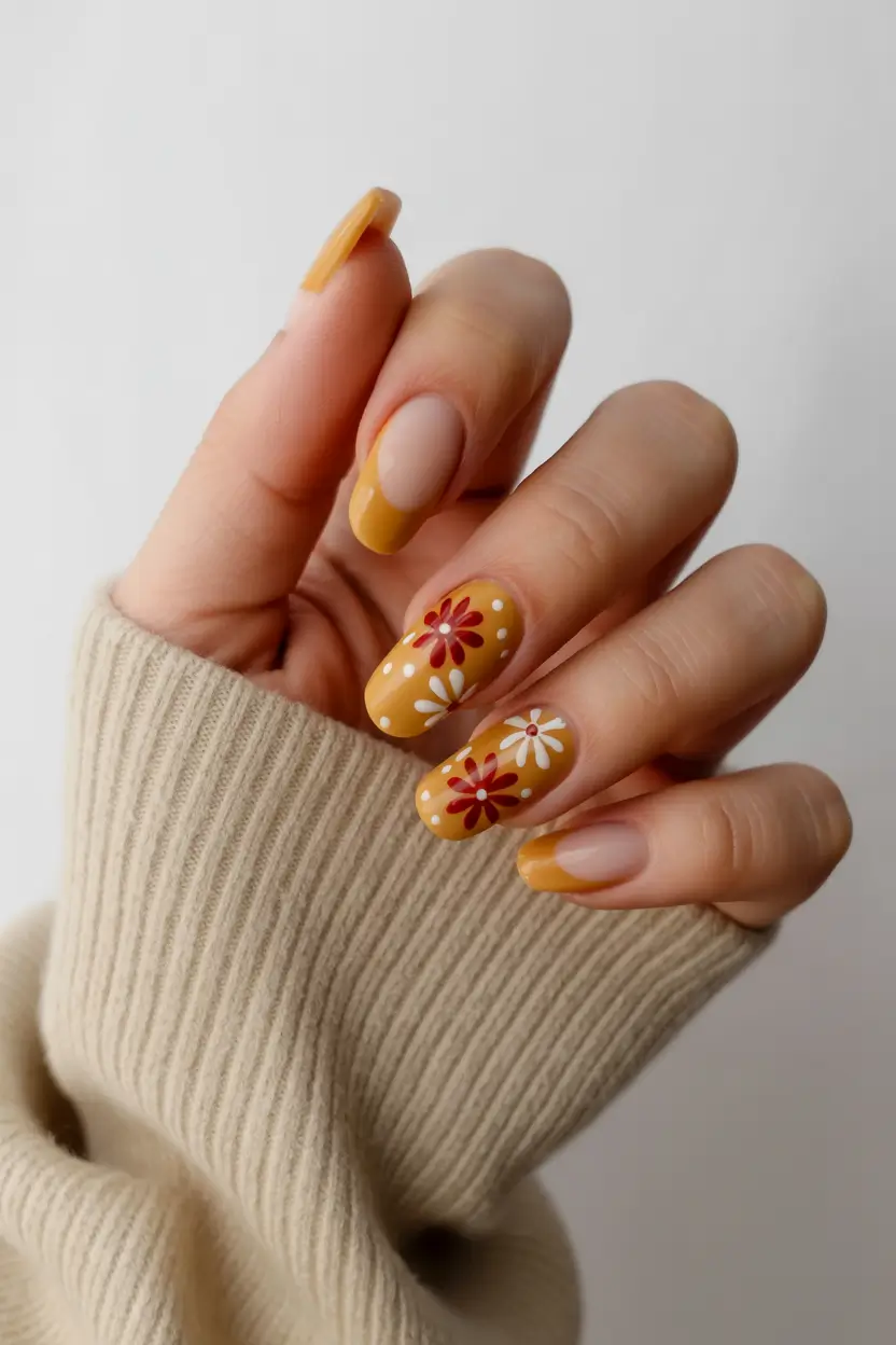cute spring nail design 2026 Warm Mustard Floral Nails with Retro Spring Mood