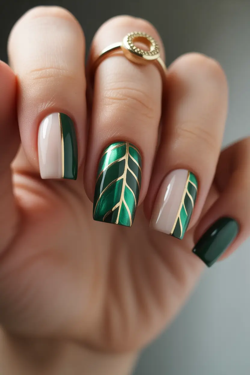 cute spring nail design 2026 Emerald Green Leaf Nails with Gold Botanical Lines