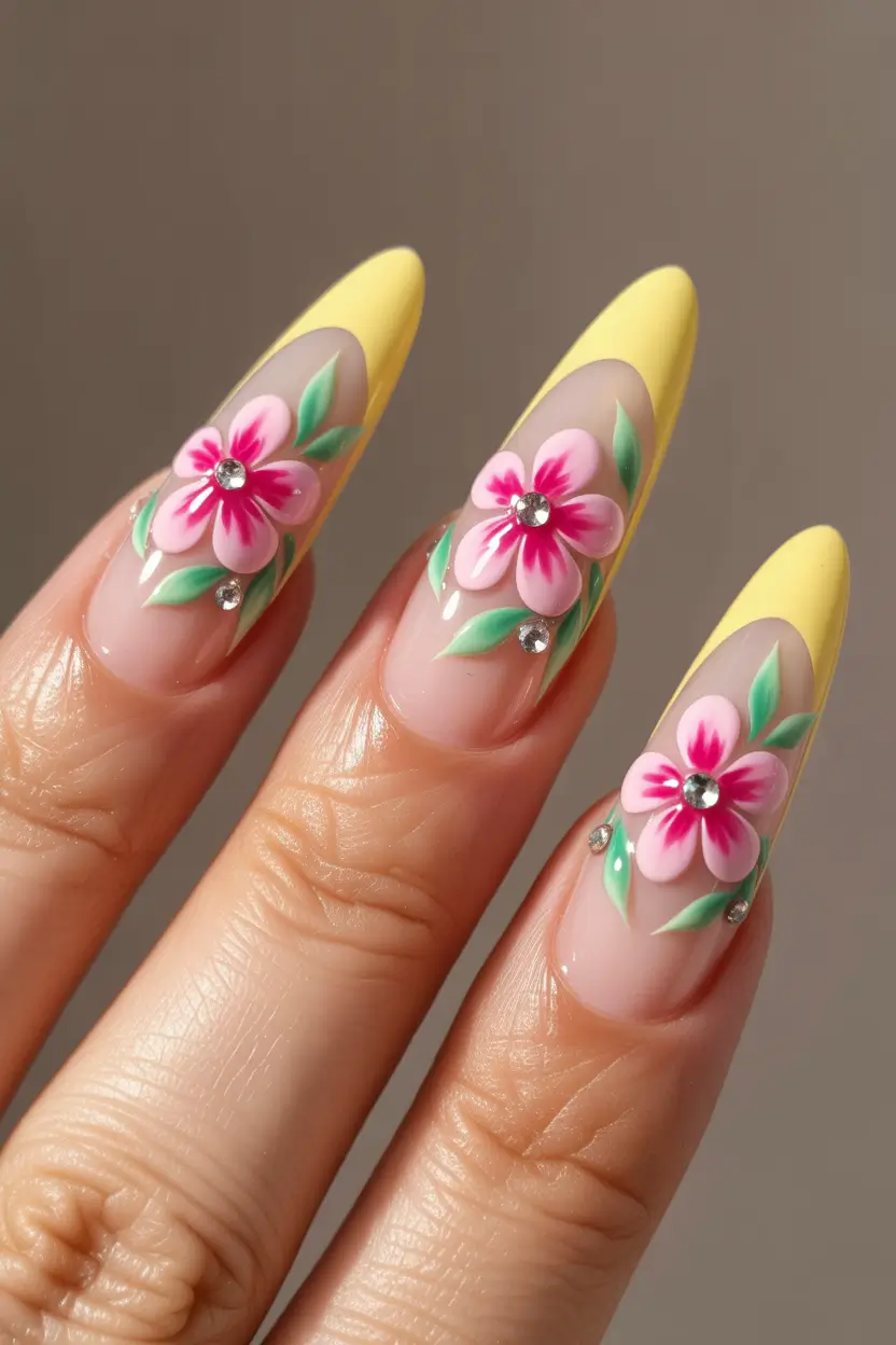 cute spring nail design 2026 Bright Almond Nails with Pink Floral Art