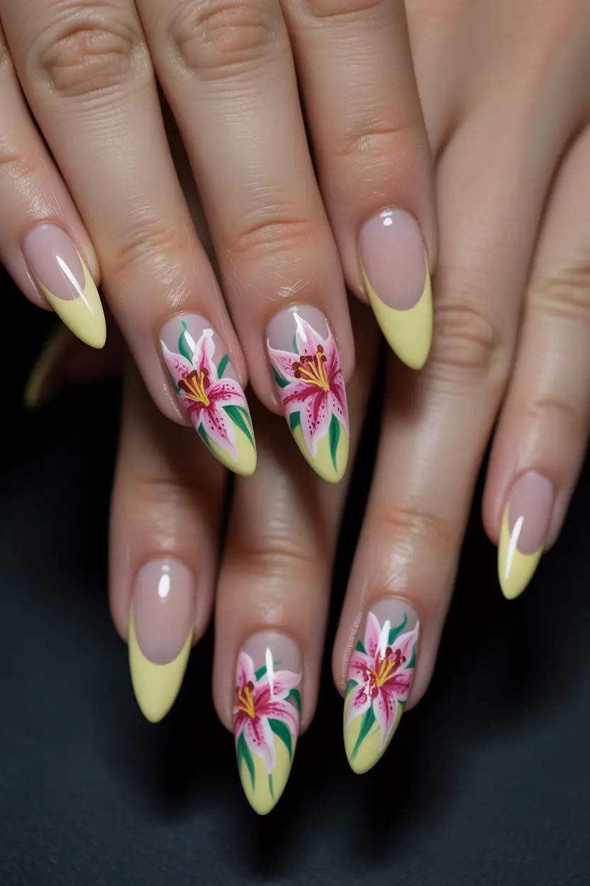 cute spring nail design 2026 Light Yellow Almond Nails with Lily Florals