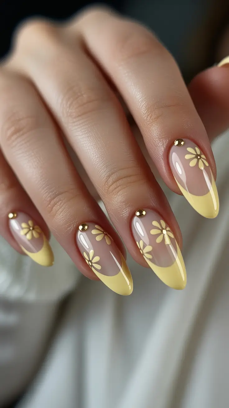 cute spring nail design 2026 Short Almond Yellow Tips with Gold Flowers