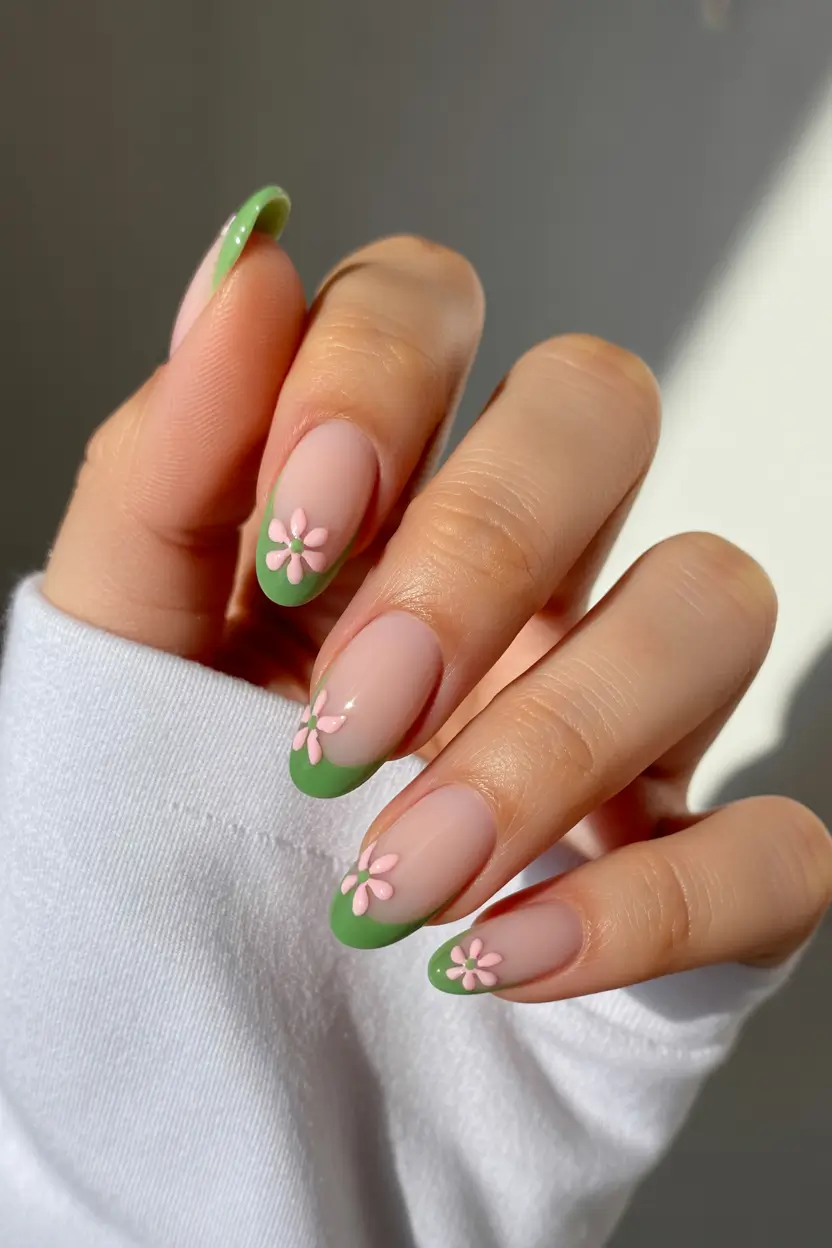 cute spring nail design 2026 Green French Tips with Blush Pink Flowers