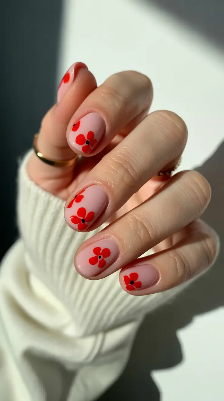 cute spring nail design 2026 Short Nude Nails with Red Poppy Florals