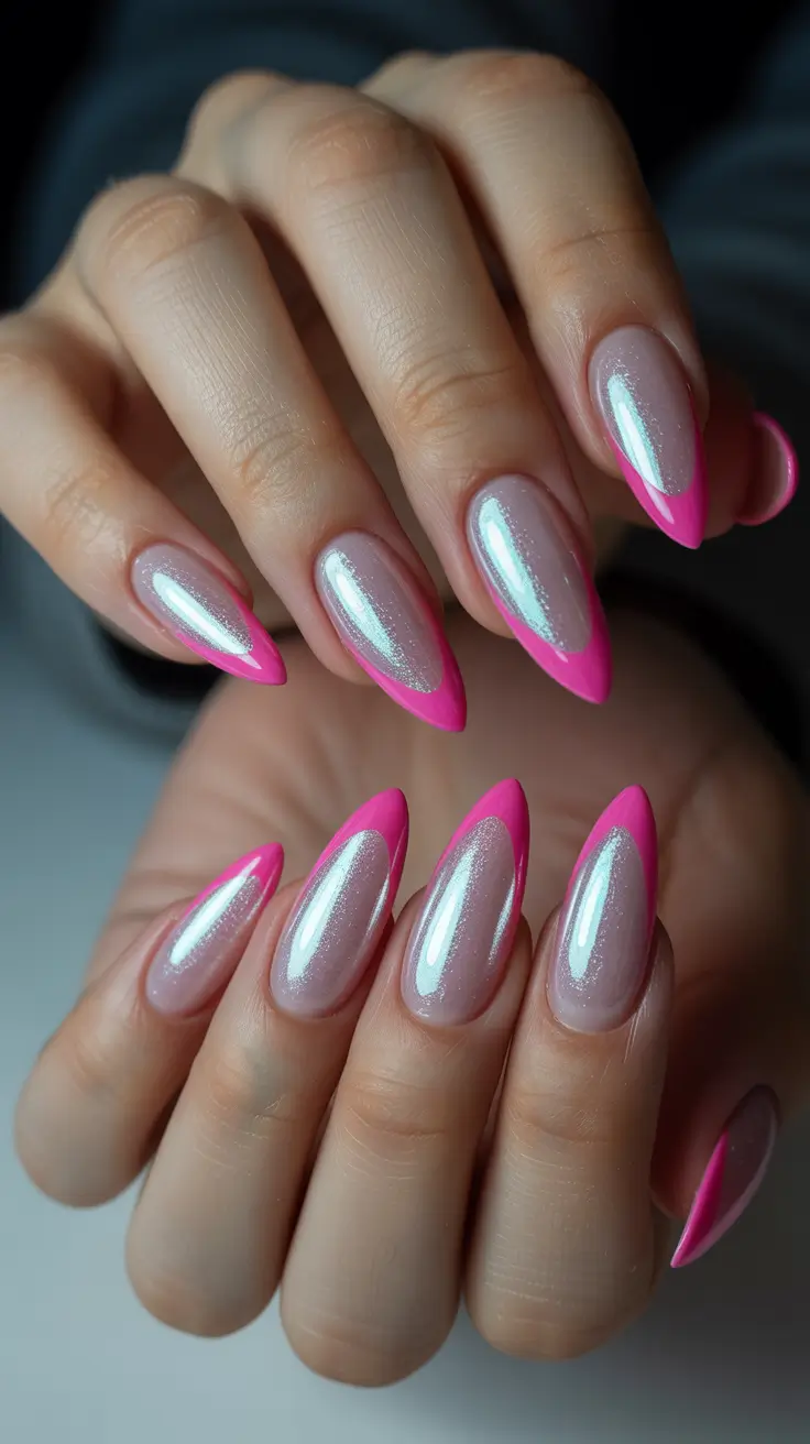 cute spring nail design 2026 Pink Chrome Almond Nails with Neon Tips