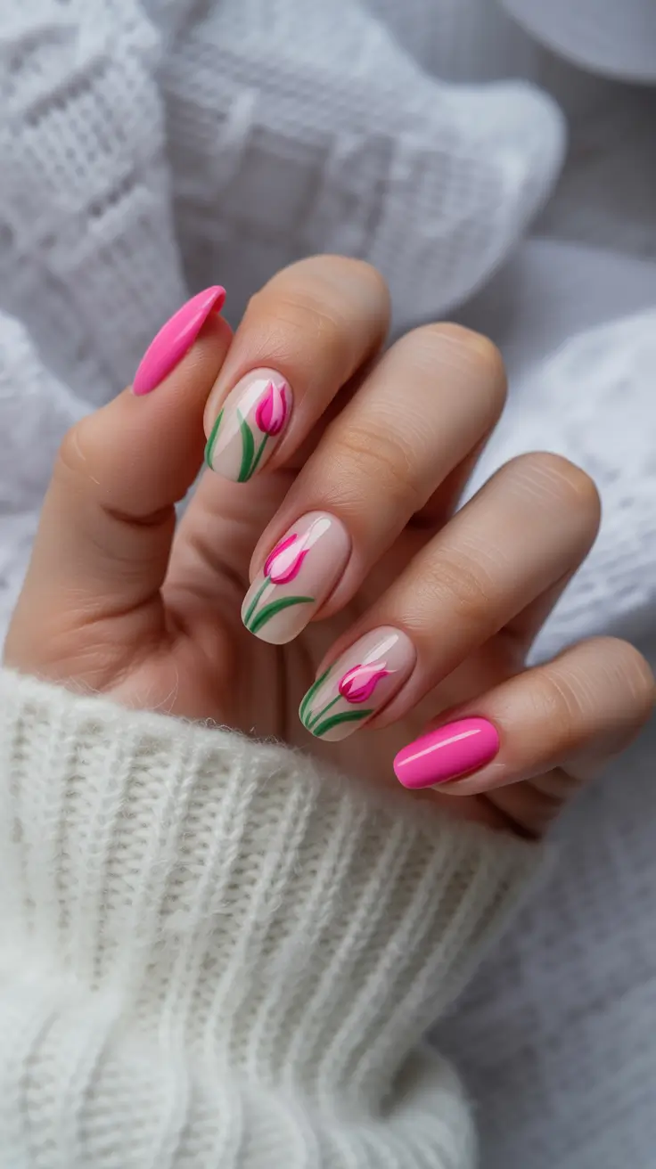 cute spring nails 2026 Soft Pink Tulips on a Clean Nude Base