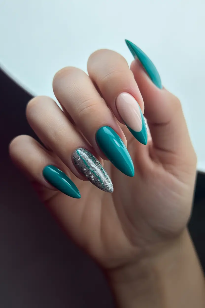 cute spring nails 2026 Teal and Nude Almond Nails with Silver Sparkle