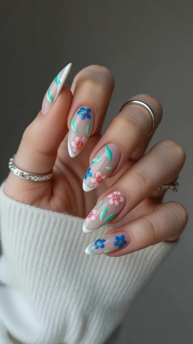 cute spring nails 2026 Sheer Floral French with Blue and Pink Blossoms
