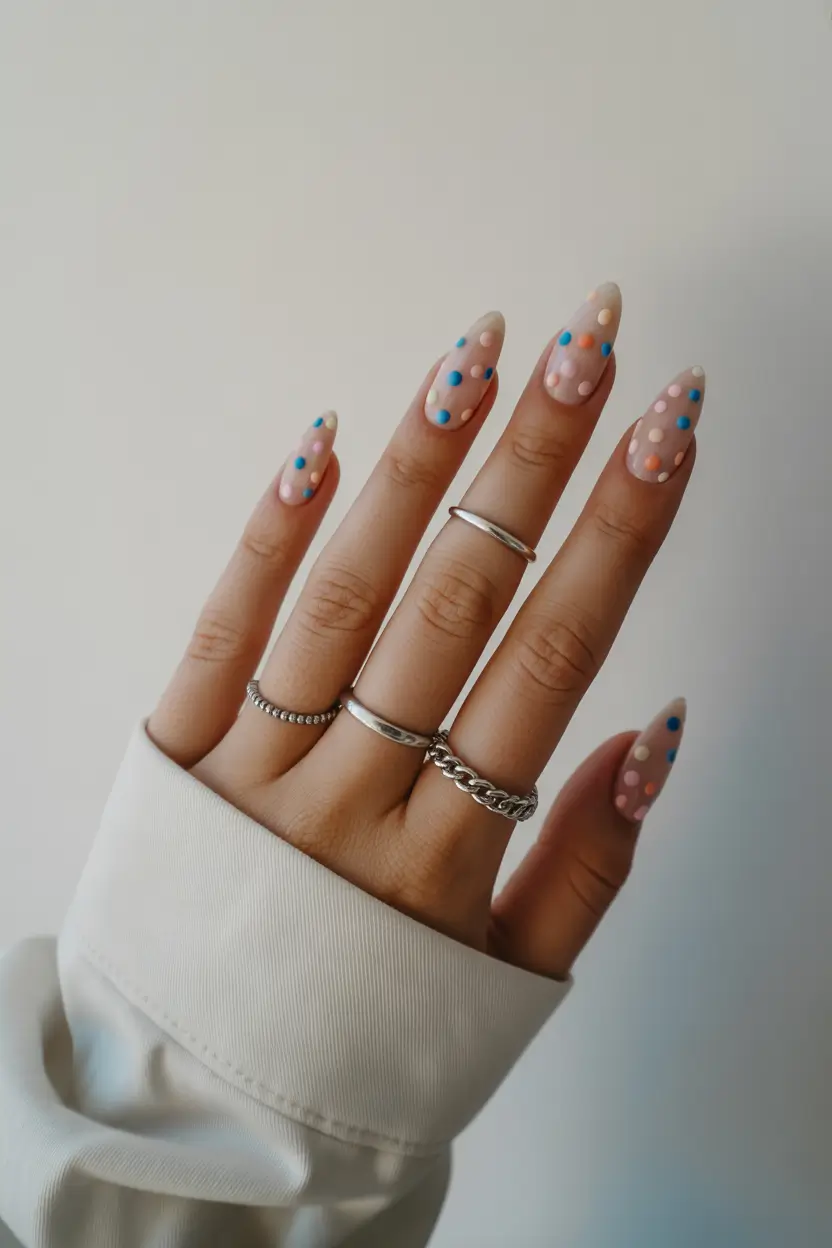 cute spring nails 2026 Minimal Nude Nails with Playful Pastel Dots