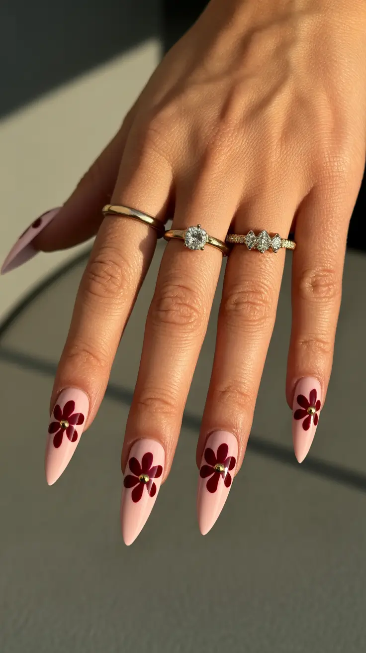 cute spring nails 2026 Soft Pink Nails with Bold Burgundy Flowers