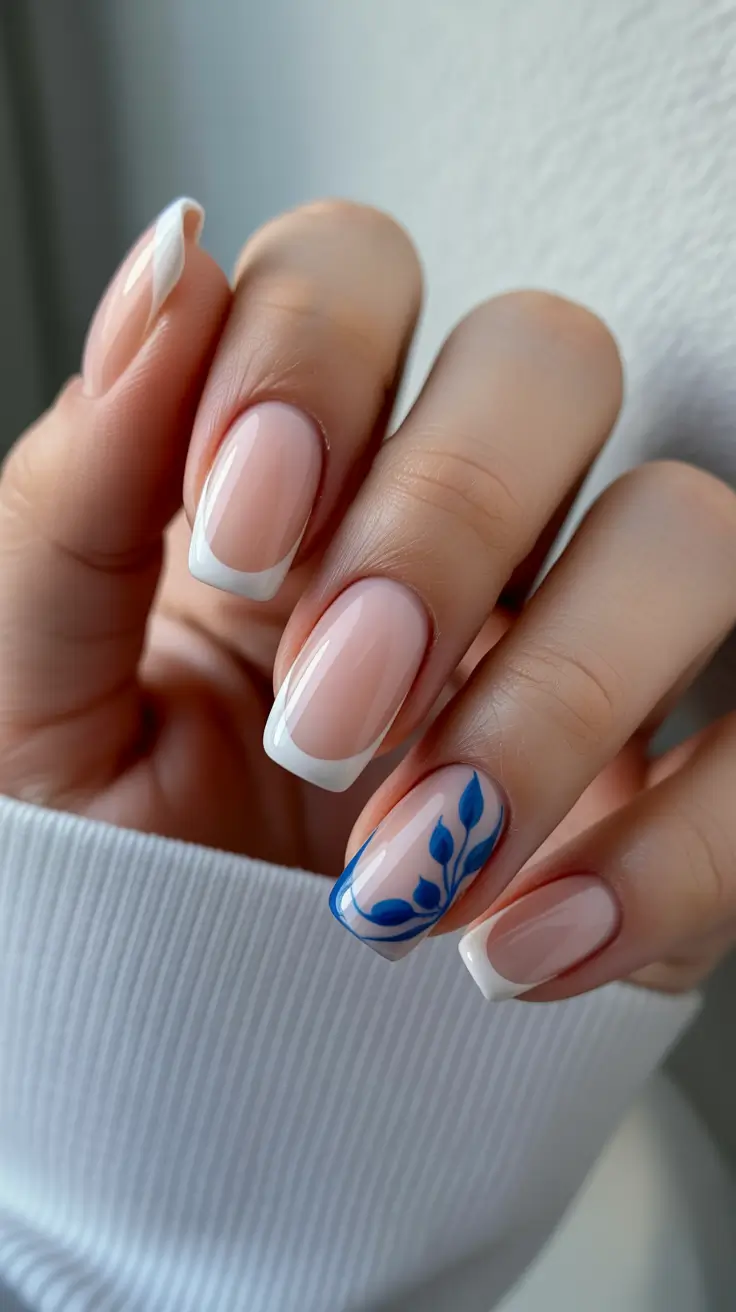 cute spring nails 2026 Classic Nude French with Blue Leaf Accent