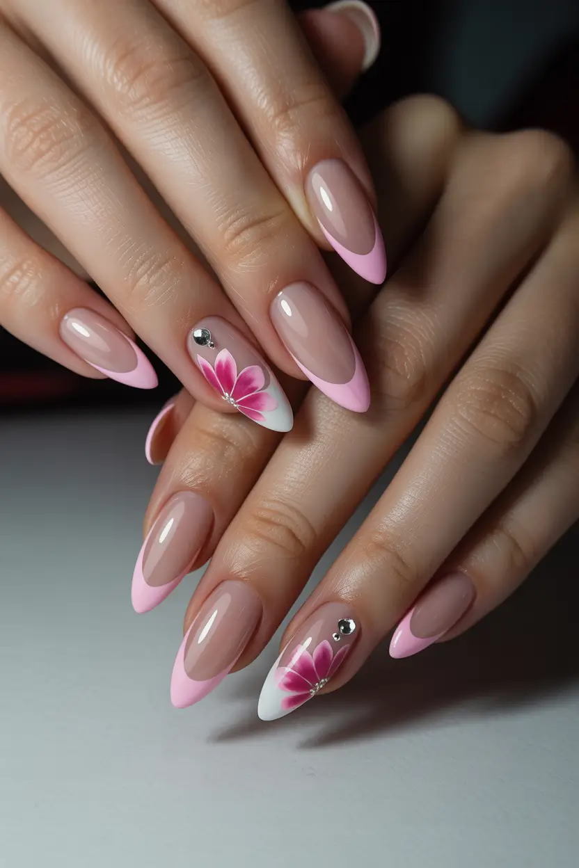 cute spring nails 2026 Soft Pink Almond Nails With Floral Accent