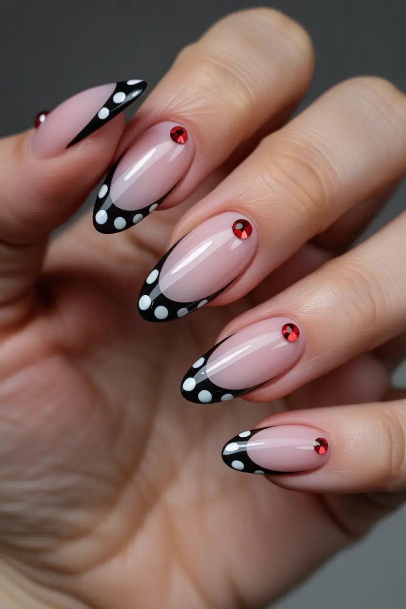 cute spring nails 2026 Black Polka Dot French With Red Crystal Detail
