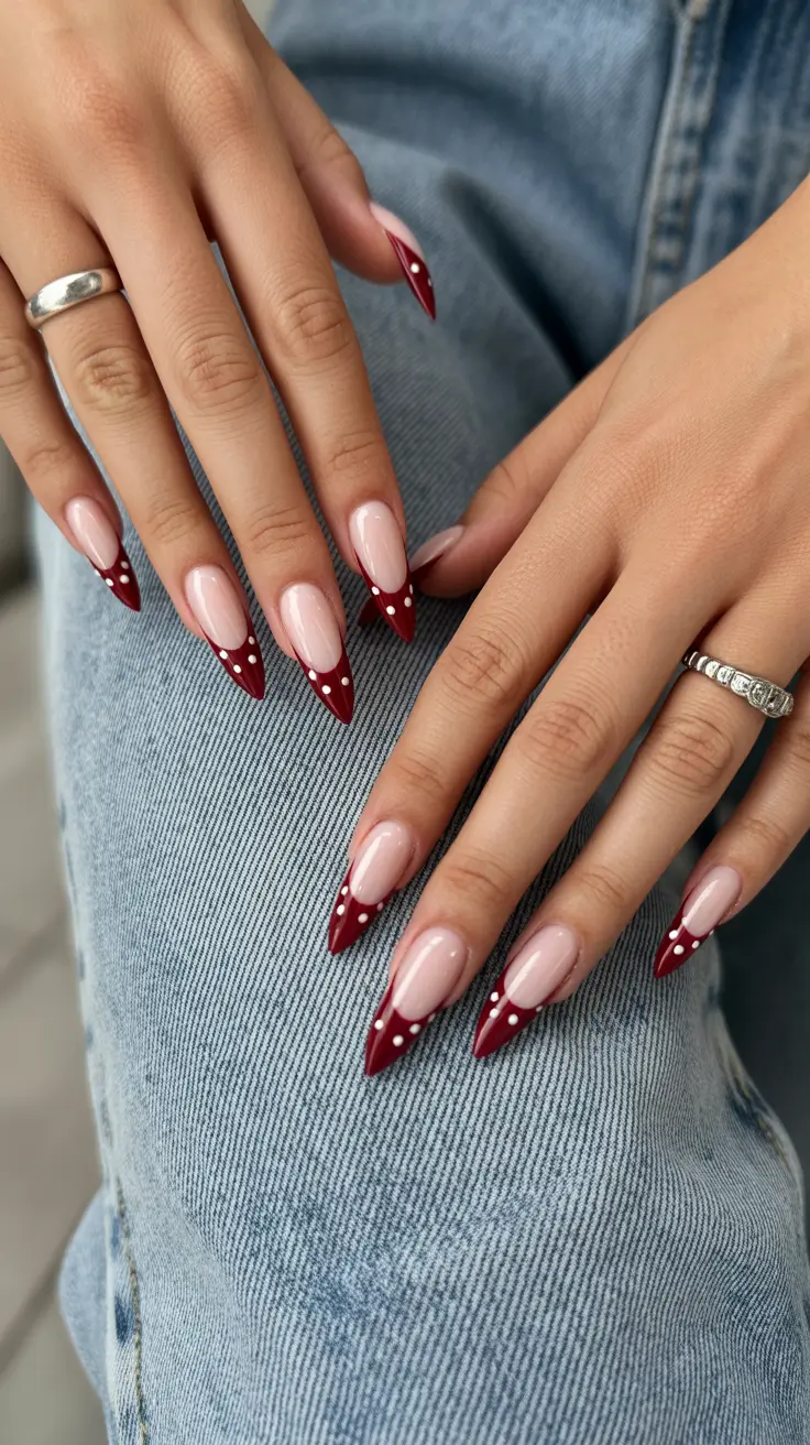 cute spring nails 2026 Deep Red Almond Nails With Minimal Dot Art