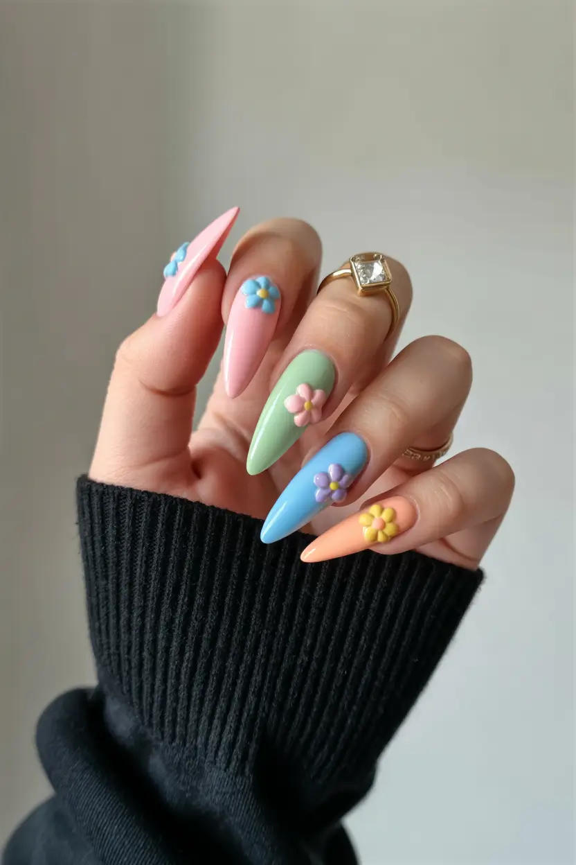 cute spring nails 2026 Pastel Garden Almond Nails with 3D Flowers