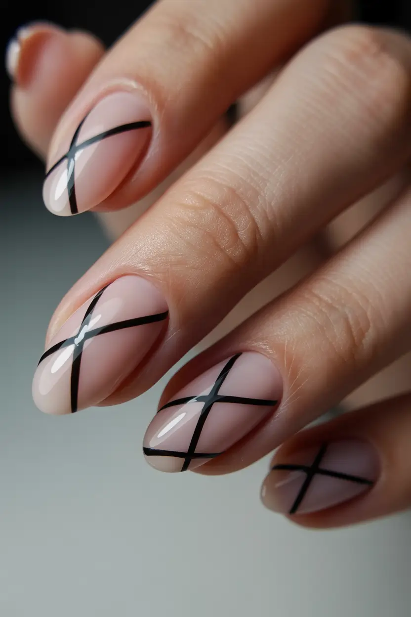 cute spring nails 2026 Minimal Nude Nails With Graphic Black Lines