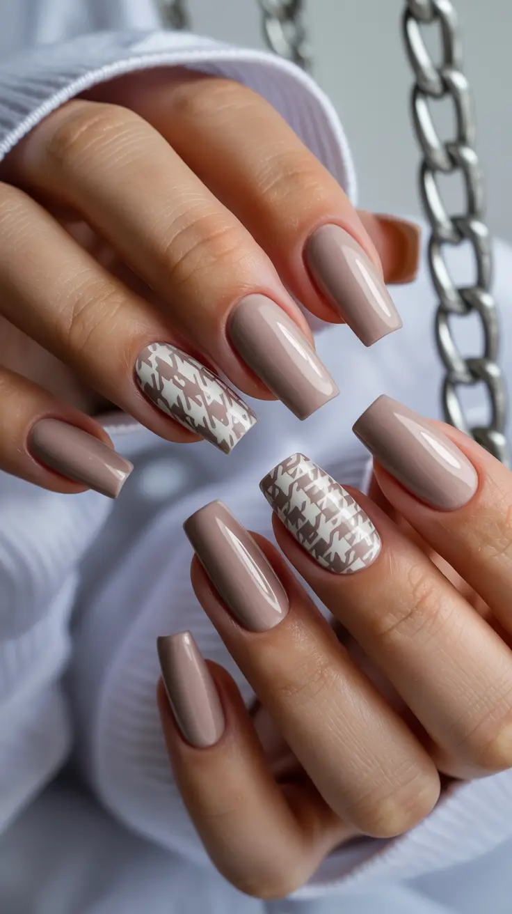cute spring nails 2026 Soft Taupe Nails With Subtle Pattern Accent