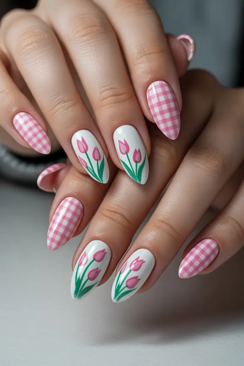 cute spring nails 2026 Gingham and Tulip Mix for Retro Spring Vibes