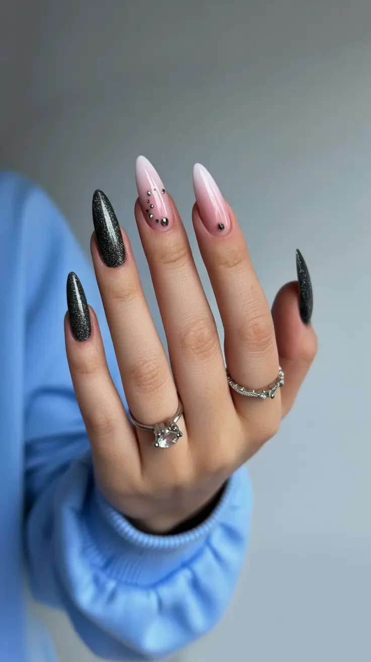 cute spring nails 2026 Soft Pink and Black Glam with Metallic Accents