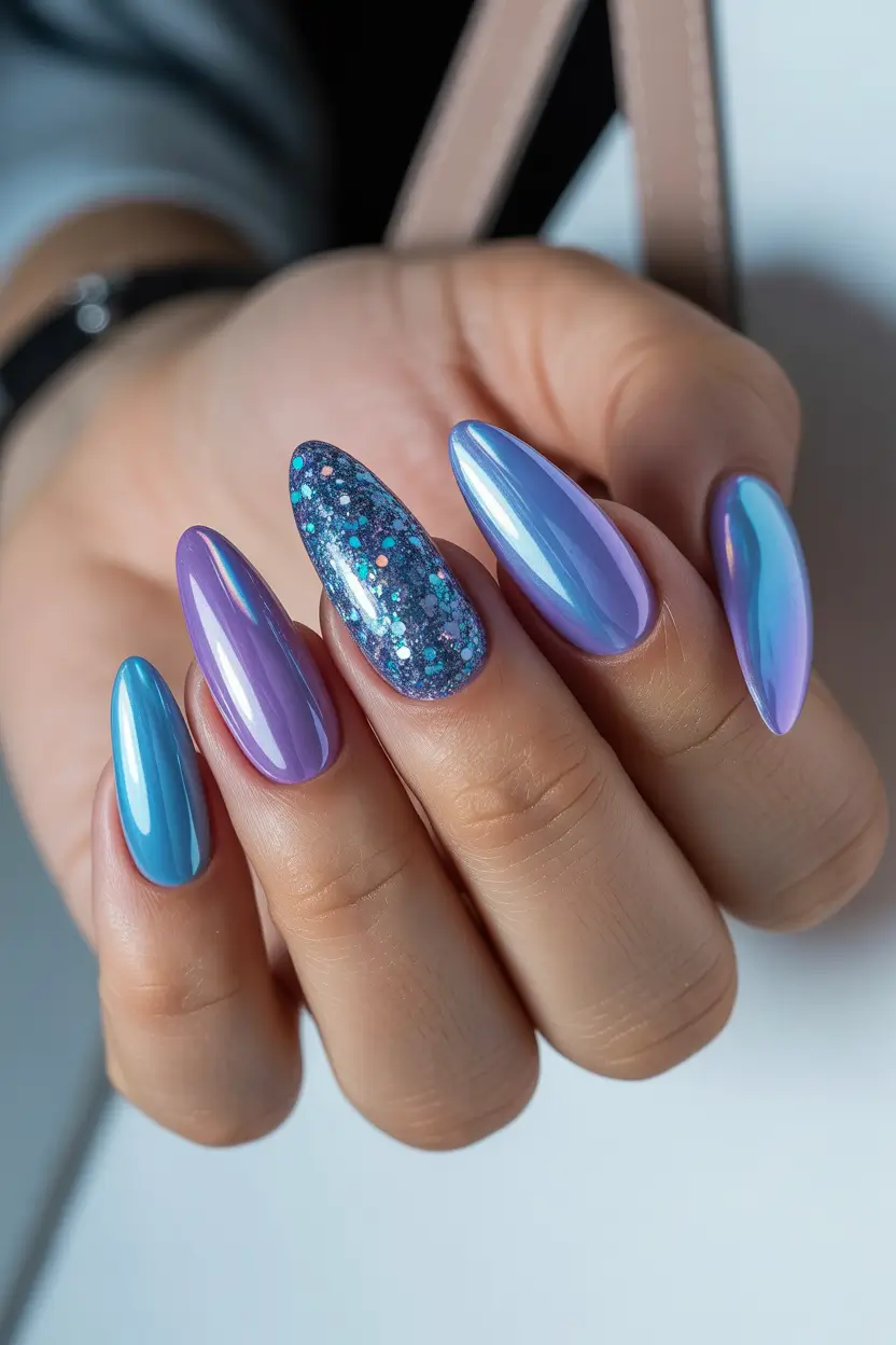 cute spring nails 2026 Blue and Purple Chrome with Glitter Accent