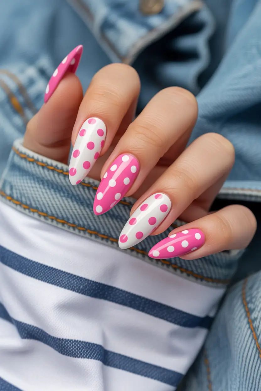cute spring nails 2026 Pink and White Polka Dot Retro Nails