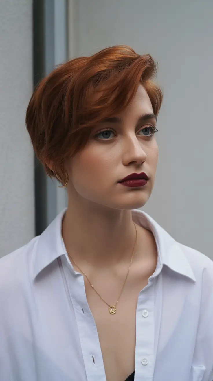 spring pixie 2026 Soft Auburn Pixie with Side Sweep