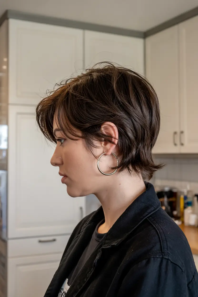 spring short haircut 2026 Short Brunette Pixie Bob With Tapered Nape