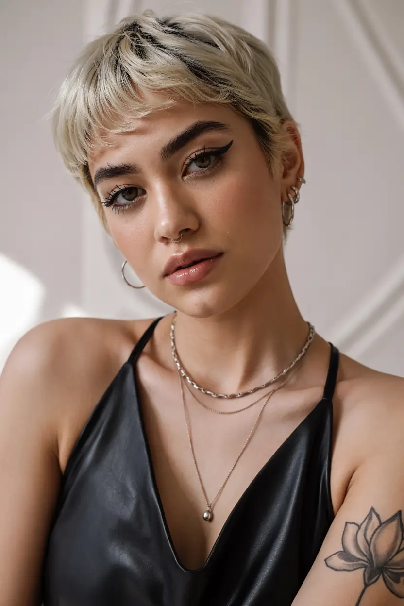 spring short haircut 2026 Platinum Micro Pixie With Graphic Edge