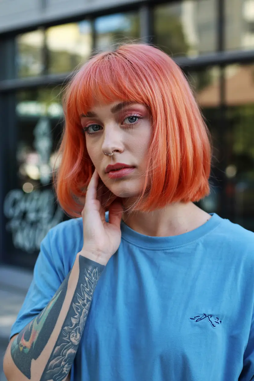 spring short haircut 2026 Vibrant Copper Blunt Bob With Full Bangs