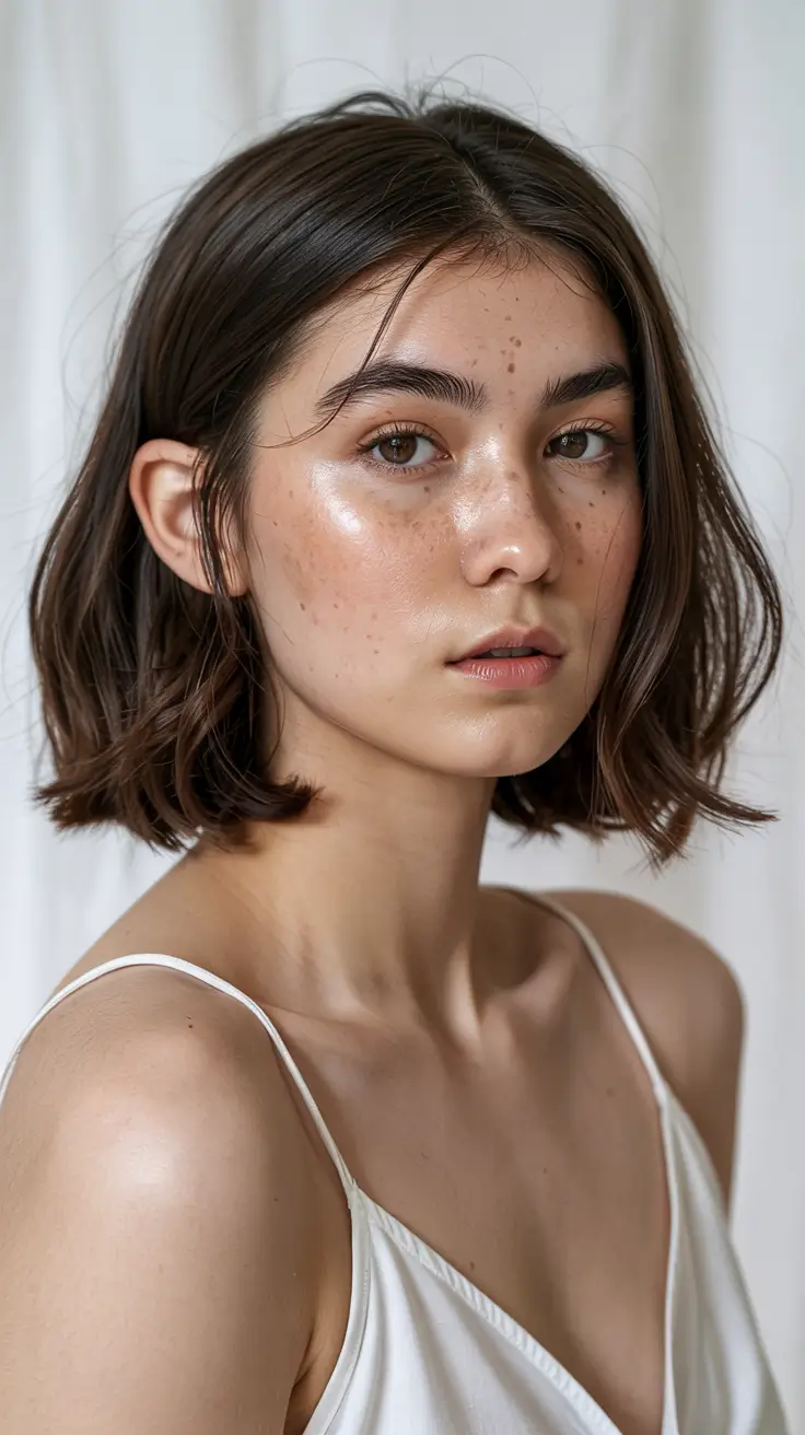 spring short haircut 2026 Soft Brunette Textured Bob With Natural Glow