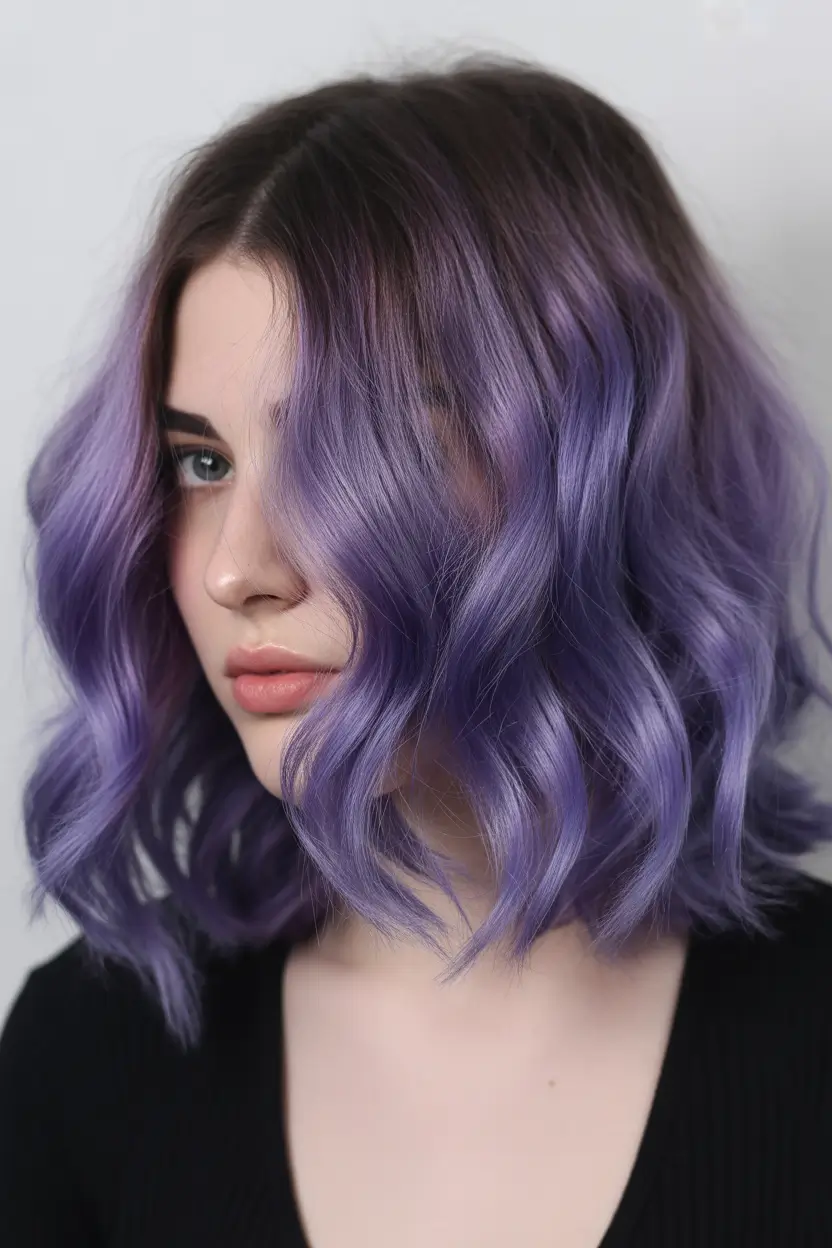 spring purple hair color 2026 Midnight Violet Waves With Dark Roots